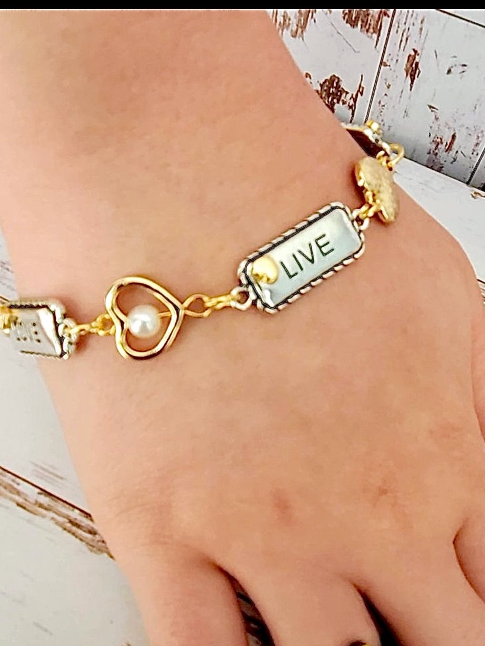 Live Love Laugh 2-Tone Pearl Heart Bracelet